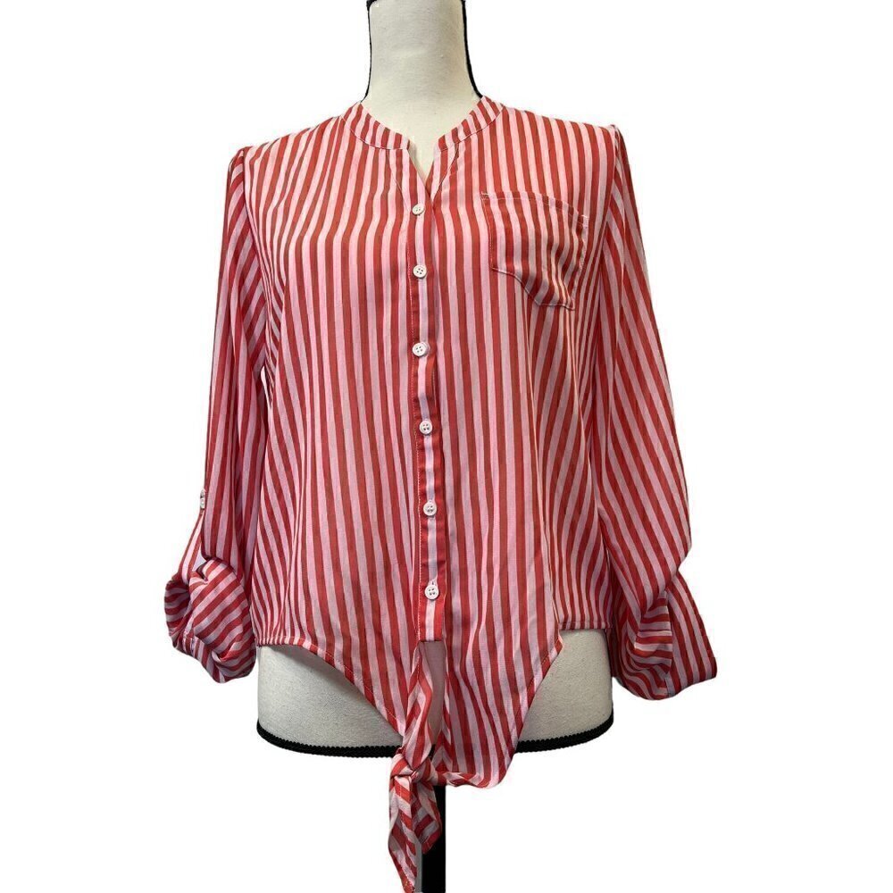 Women's Chico's Orange & White Striped Blouse, Size 0 Large, Long - 3/4 length